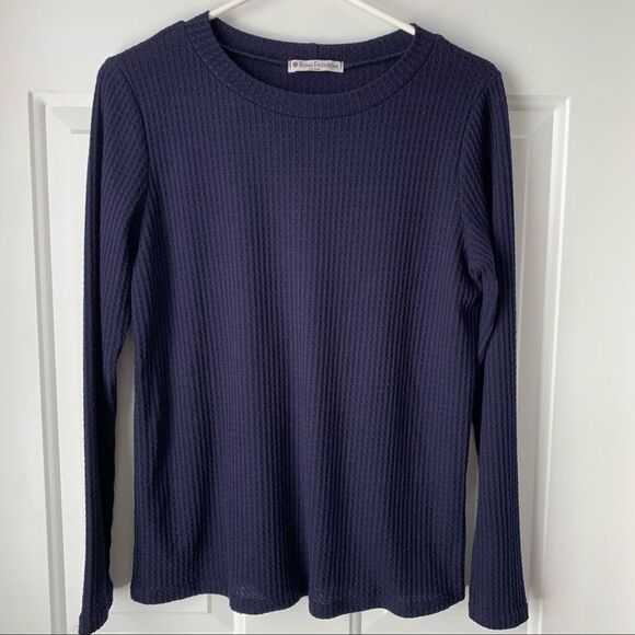 riah Tops - Riah Fashion Navy Blue Waffle Knit Long Sleeve Top